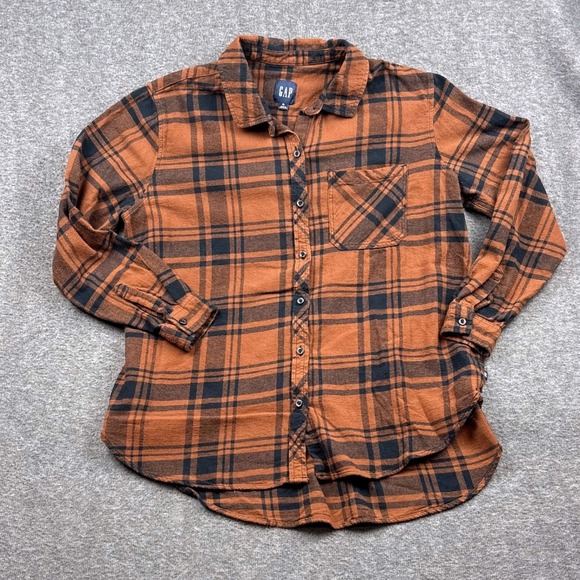 GAP Plaid Flannel‎ Women XL Shirt Orange Black Long Sleeve Cabincore Rustic Cozy - Picture 2 of 12